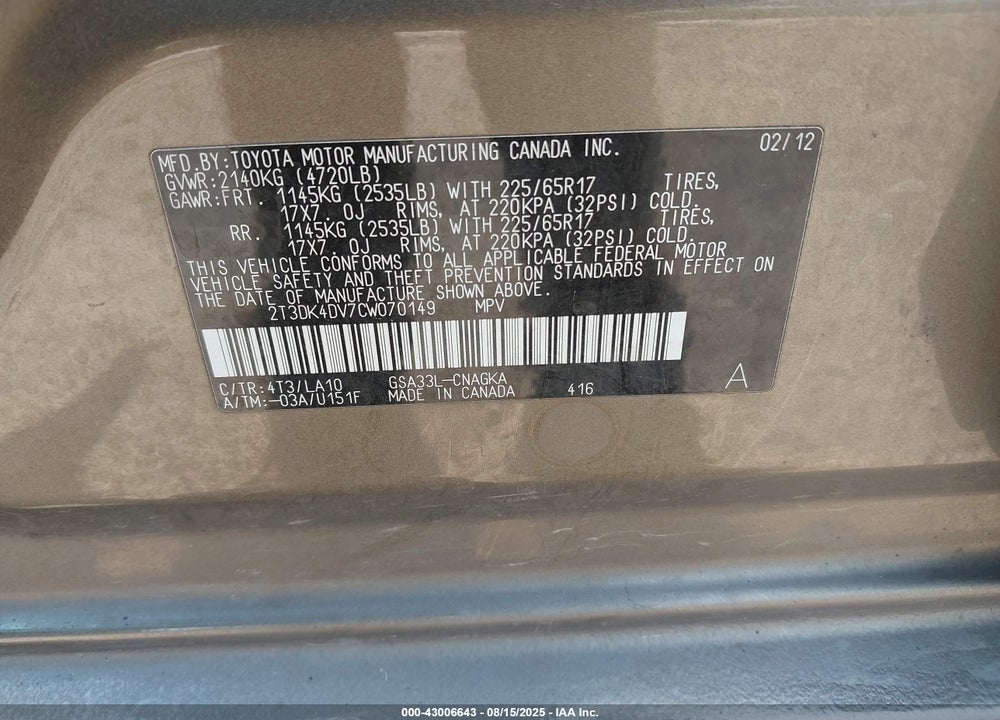 2012 TOYOTA RAV4 VIN: 2T3DK4DV7CW070149