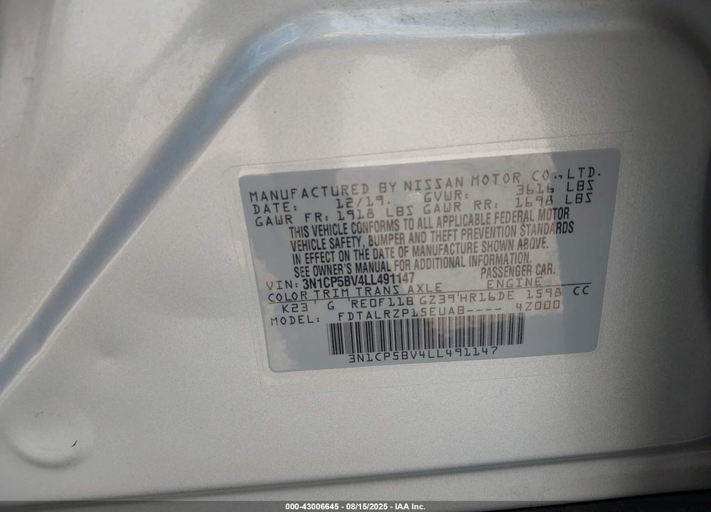 2020 NISSAN KICKS VIN: 3N1CP5BV4LL491147