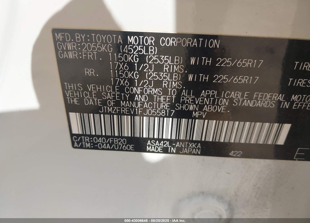 2015 TOYOTA RAV4 VIN: JTMZFREV1FJ055817