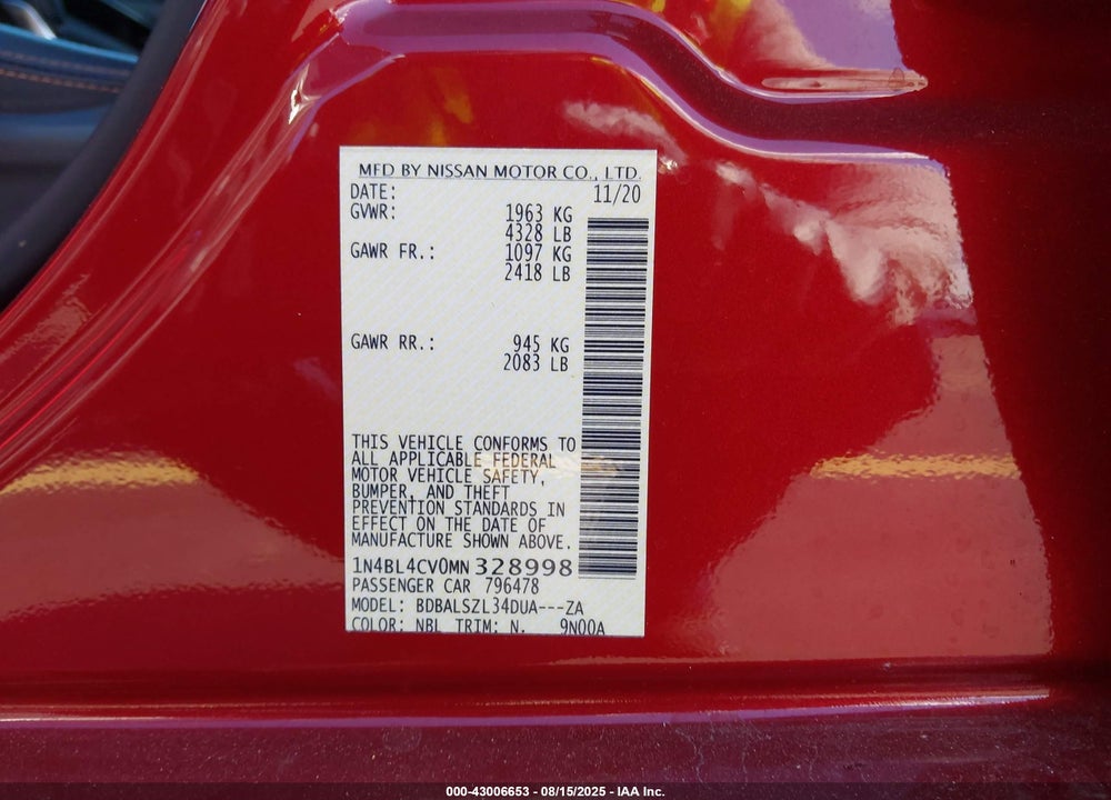 2021 NISSAN ALTIMA SR FWD VIN: 1N4BL4CV0MN328998