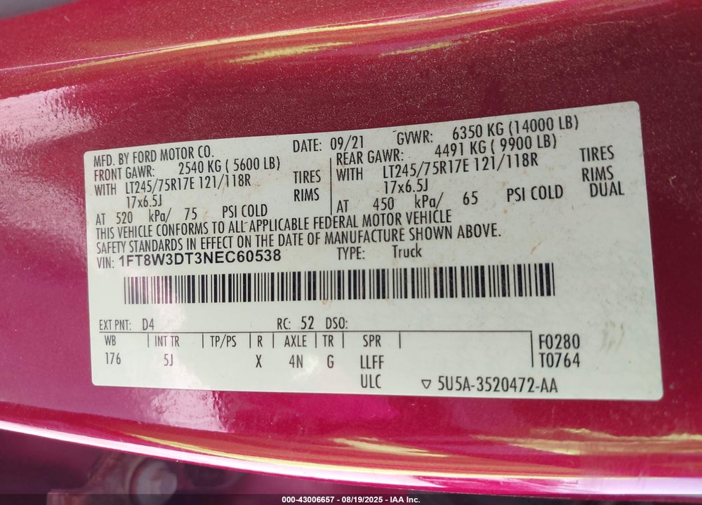 2022 FORD F-350 LARIAT VIN: 1FT8W3DT3NEC60538