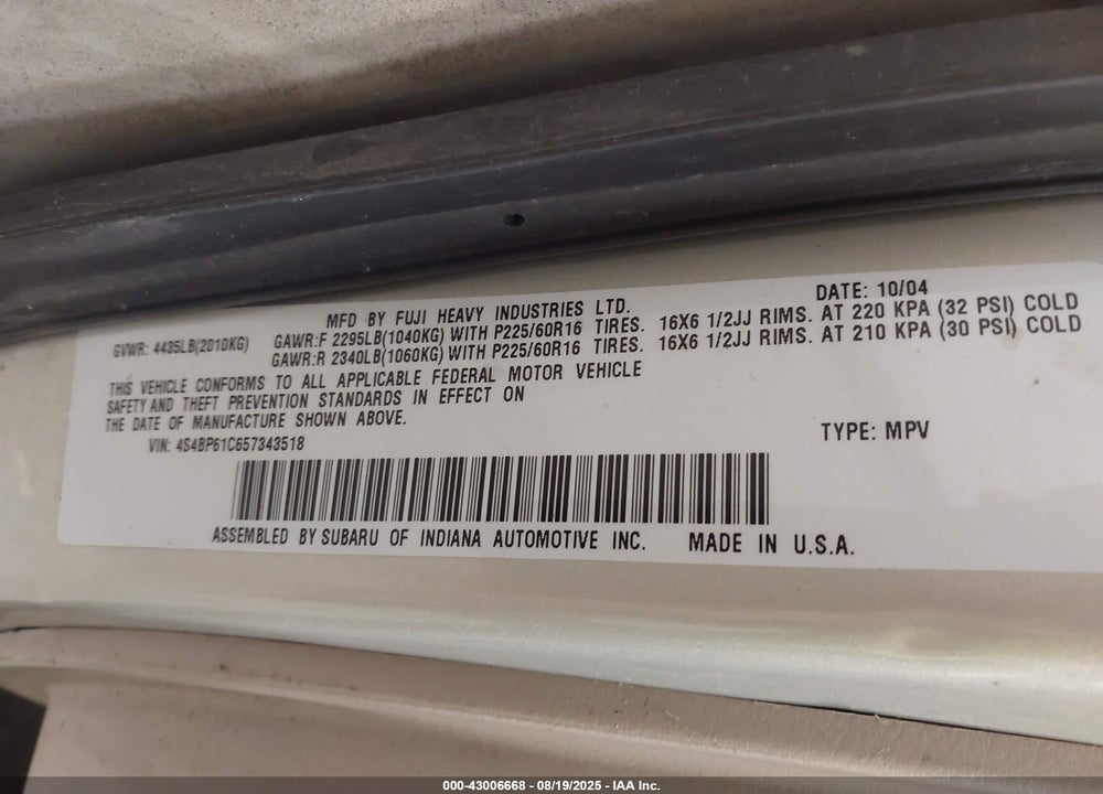 2005 SUBARU LEGACY  (NATL) 2.5I/OUTBACK VIN: 4S4BP61C657343518