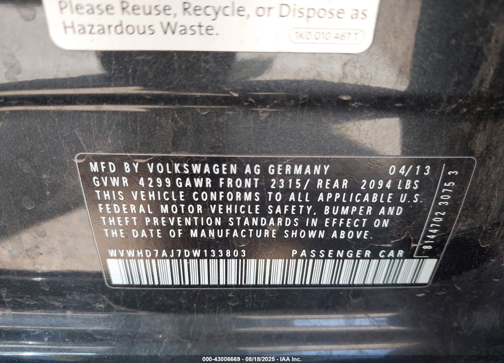 2013 VOLKSWAGEN GTI DRIVERS EDITION VIN: WVWHD7AJ7DW133803