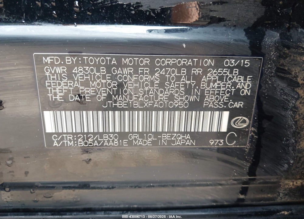 2015 LEXUS GS 350 VIN: JTHBE1BLXFA010950