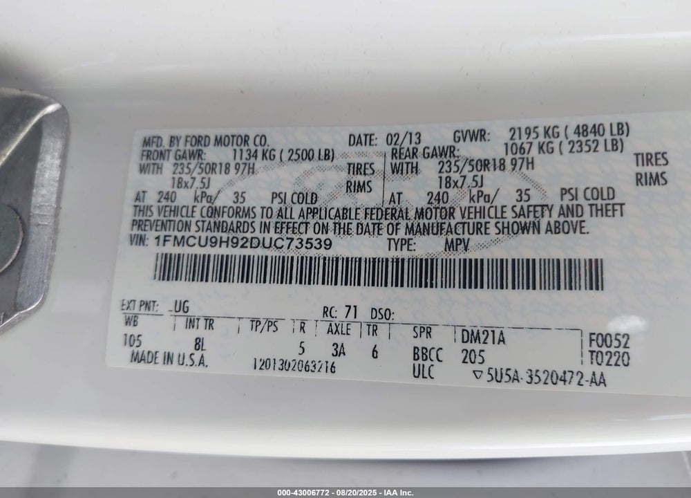 2013 FORD ESCAPE VIN: 1FMCU9H92DUC73539