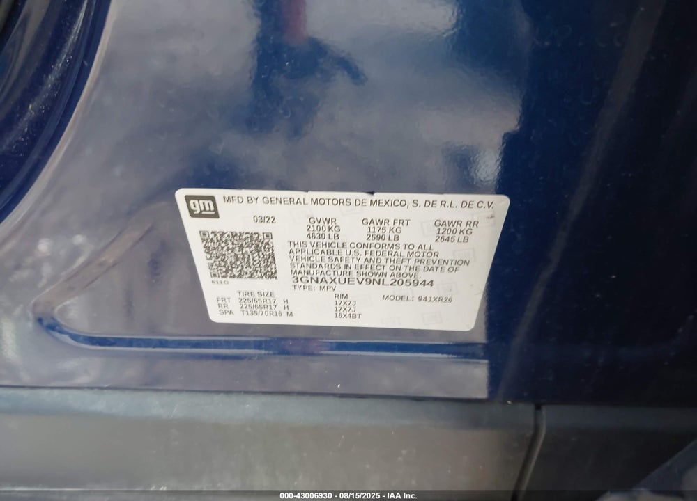 2022 CHEVROLET EQUINOX VIN: 3GNAXUEV9NL205944