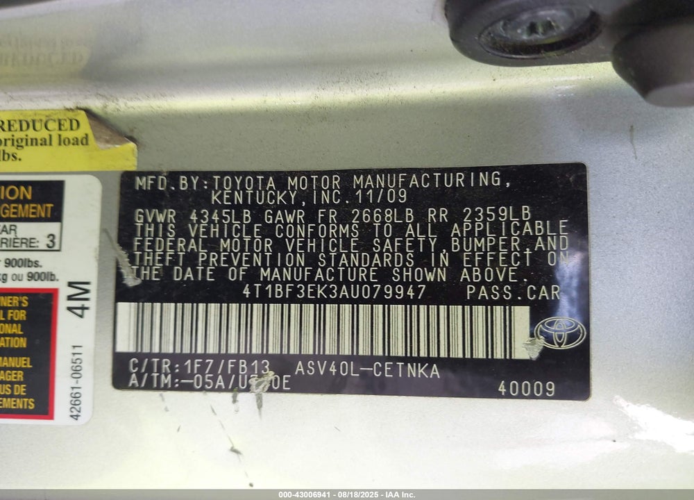 2010 TOYOTA CAMRY VIN: 4T1BF3EK3AU079947