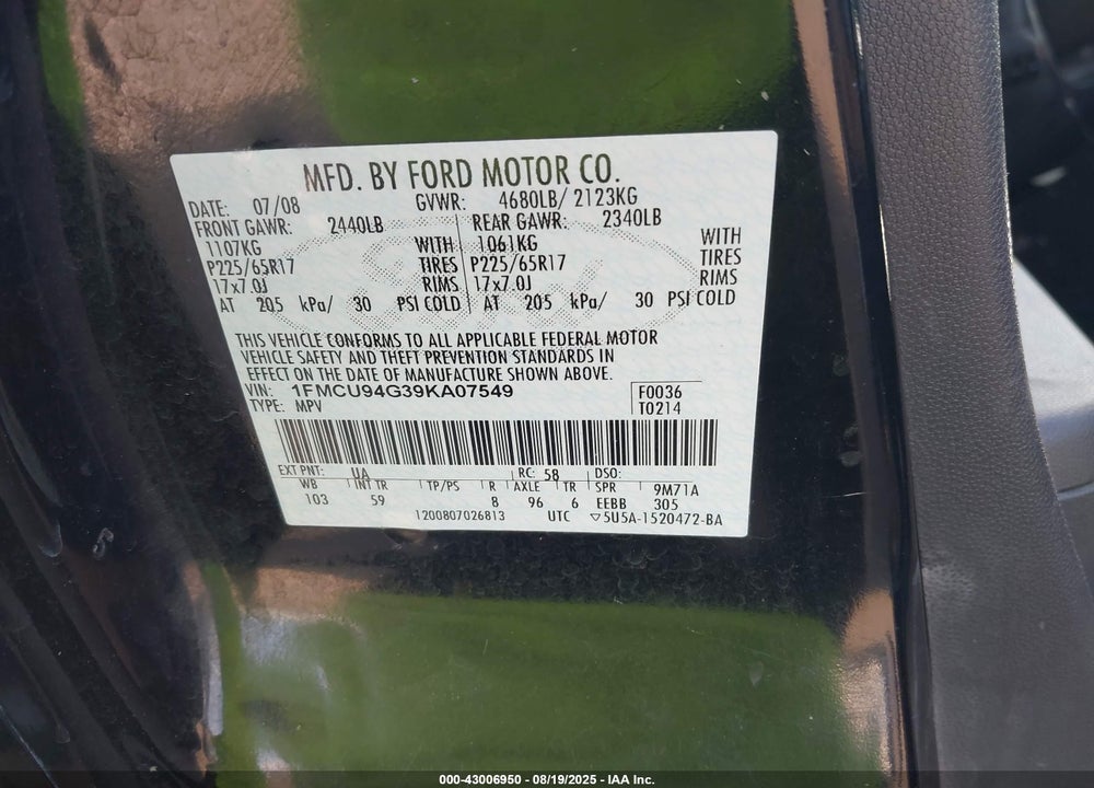 2009 FORD ESCAPE VIN: 1FMCU94G39KA07549
