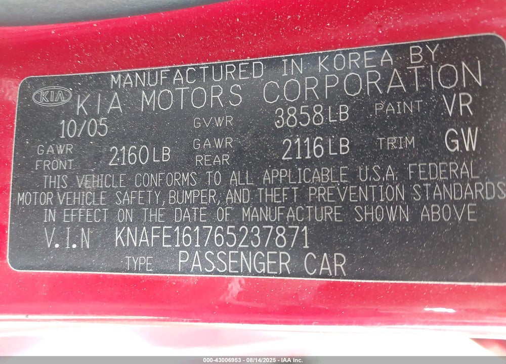 2006 KIA SPECTRA5 VIN: KNAFE161765237871