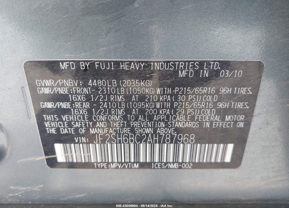 2010 SUBARU FORESTER 2.5X VIN: JF2SH6BC2AH787968