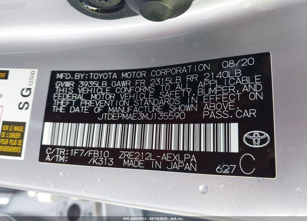 2021 TOYOTA COROLLA LE VIN: JTDEPMAE3MJ135590