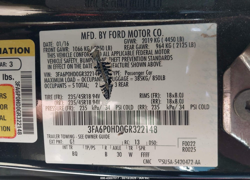 2016 FORD FUSION VIN: 3FA6P0HD0GR322148