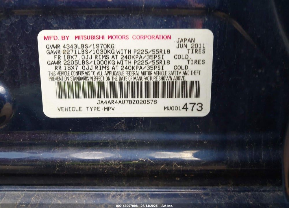 2011 MITSUBISHI OUTLANDER SPORT VIN: JA4AR4AU7BZ020578