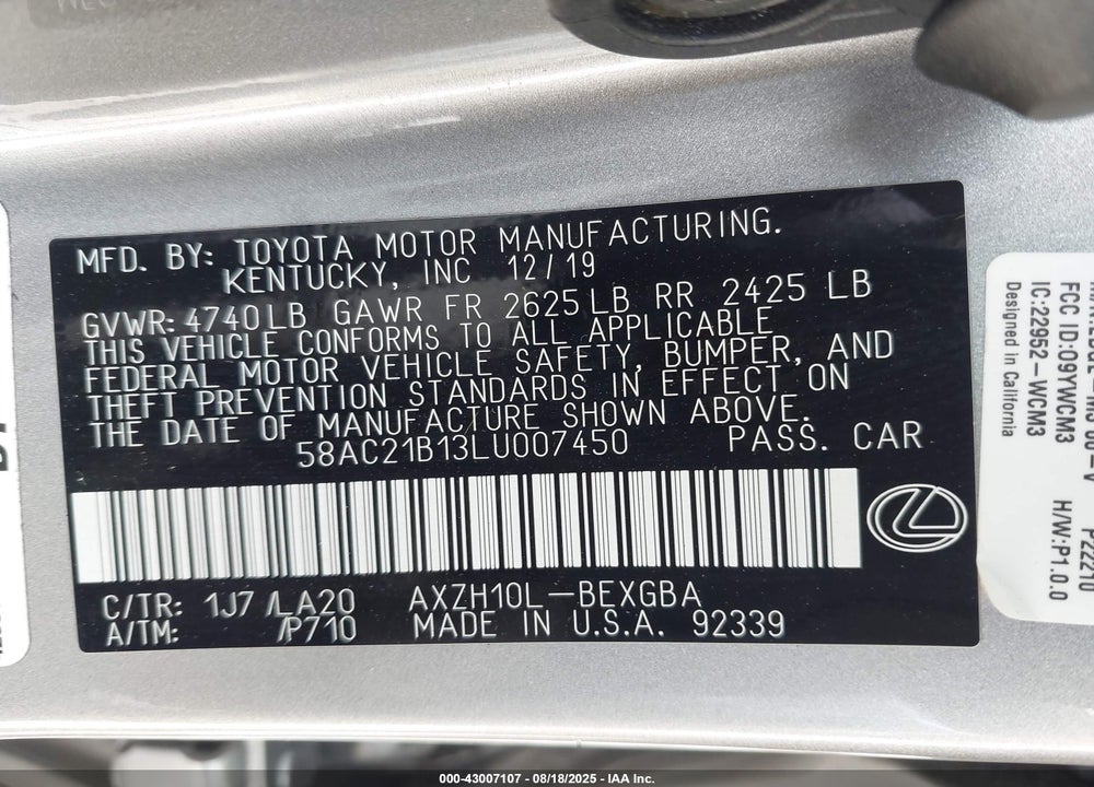 2020 LEXUS ES 300H VIN: 58AC21B13LU007450