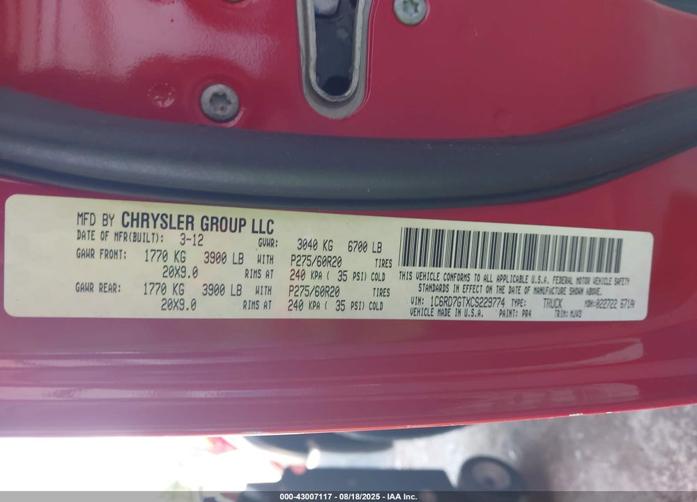 2012 RAM 1500 VIN: 1C6RD7GTXCS229774