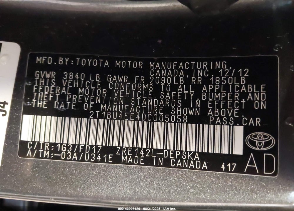 2013 TOYOTA COROLLA VIN: 2T1BU4EE4DC005058