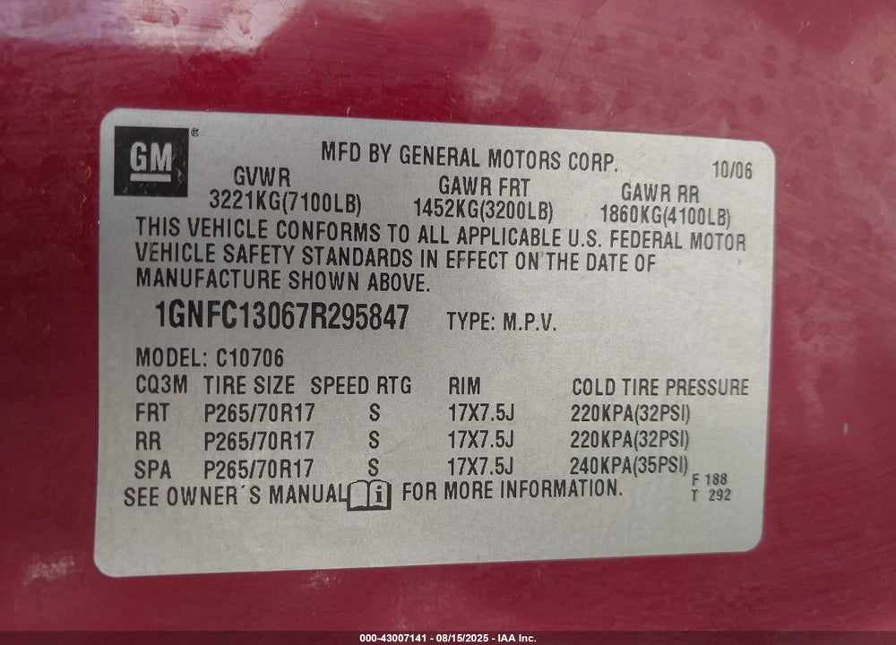 2007 CHEVROLET TAHOE VIN: 1GNFC13067R295847