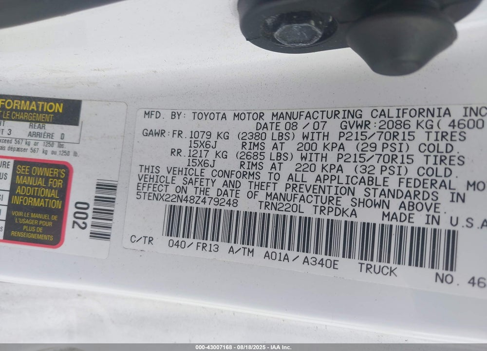 2008 TOYOTA TACOMA VIN: 5TENX22N48Z479248