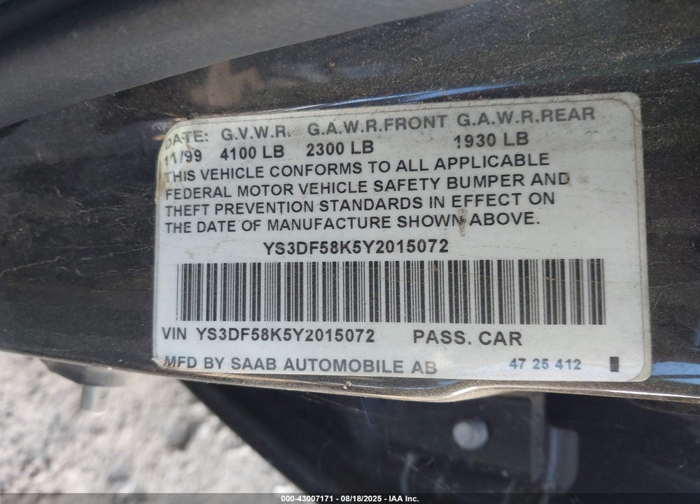 2000 SAAB 9-3 SE VIN: YS3DF58K5Y2015072