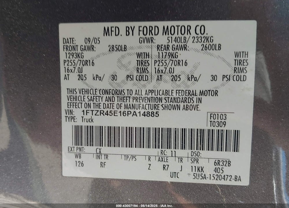 2006 FORD RANGER VIN: 1FTZR45E16PA14885