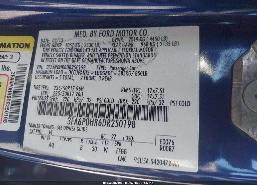 2013 FORD FUSION VIN: 3FA6P0HR6DR250198