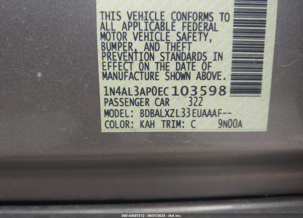 2014 NISSAN ALTIMA 2.5 SL VIN: 1N4AL3AP0EC103598