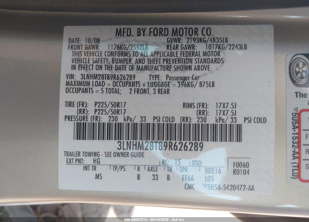 2009 LINCOLN MKZ VIN: 3LNHM28T89R626289