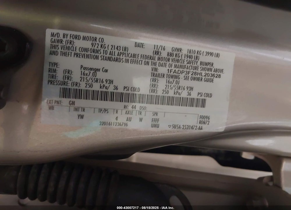 2017 FORD FOCUS VIN: 1FADP3F28HL203628