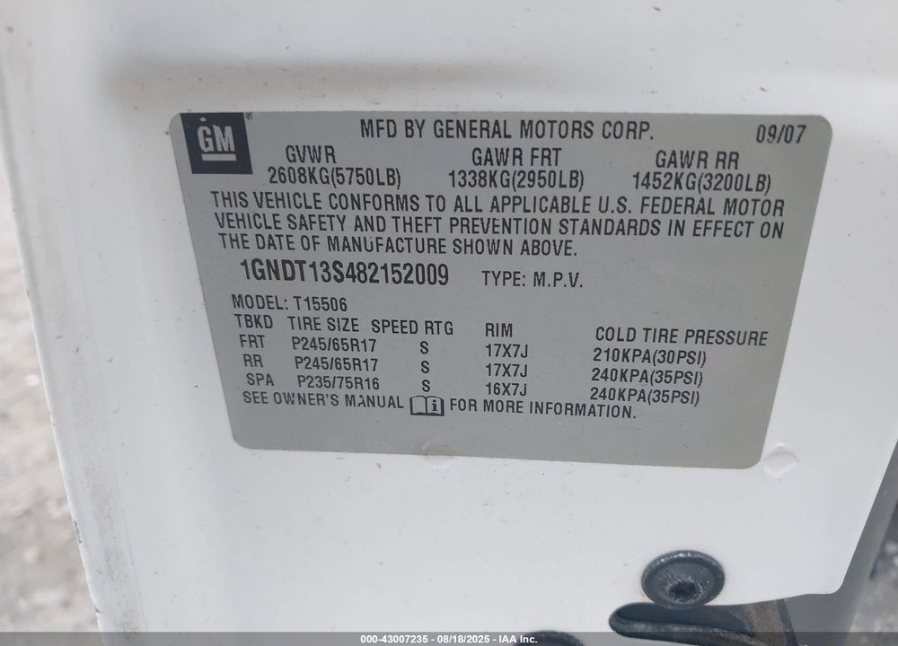 2008 CHEVROLET TRAILBLAZER LT VIN: 1GNDT13S482152009