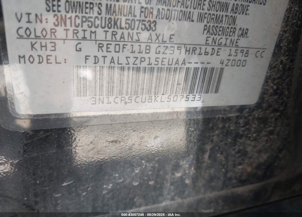 2019 NISSAN KICKS SV VIN: 3N1CP5CU8KL507533