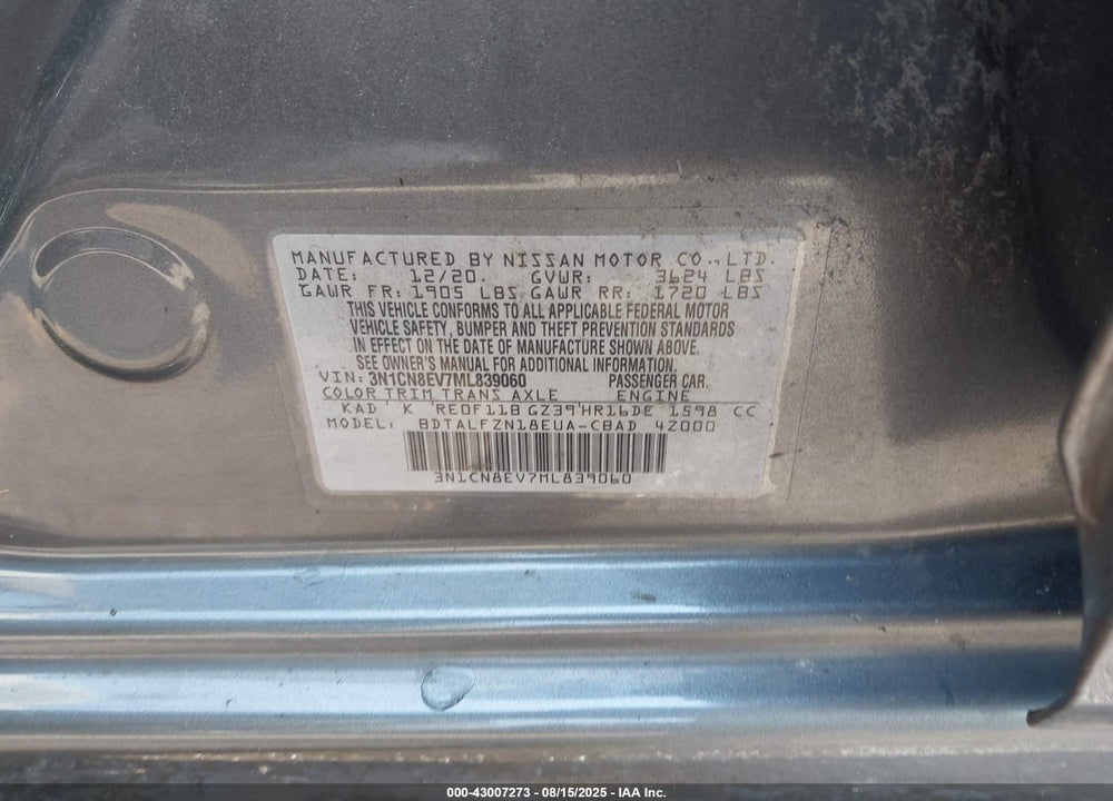 2021 NISSAN VERSA SV XTRONIC CVT VIN: 3N1CN8EV7ML839060
