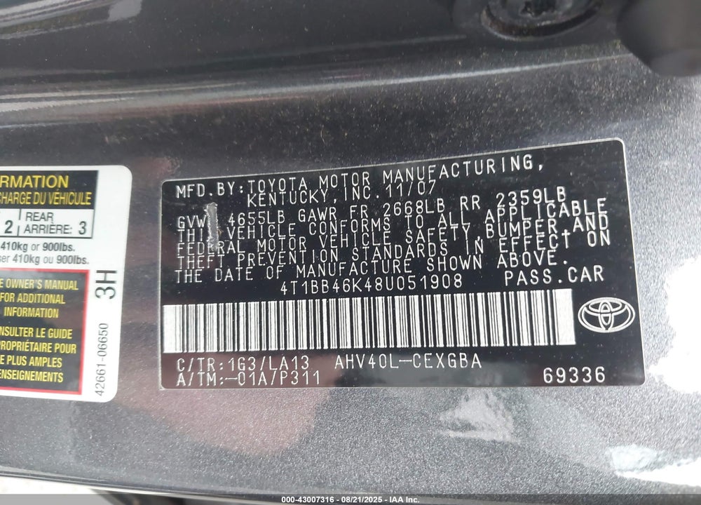 2008 TOYOTA CAMRY HYBRID VIN: 4T1BB46K48U051908