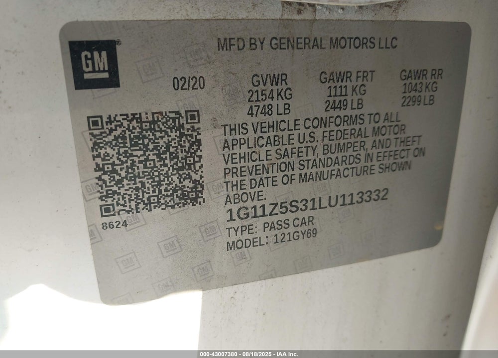 2020 CHEVROLET IMPALA FWD LT VIN: 1G11Z5S31LU113332