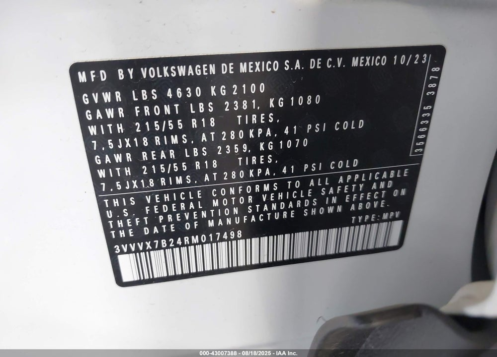 2024 VOLKSWAGEN TAOS 1.5T SE VIN: 3VVVX7B24RM017498