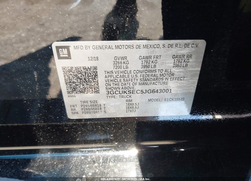 2018 CHEVROLET SILVERADO 1500 2LZ VIN: 3GCUKSEC5JG643001