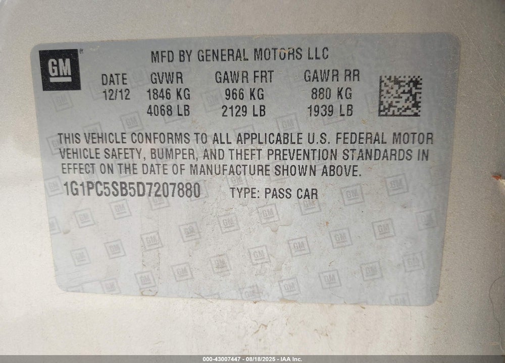 2013 CHEVROLET CRUZE VIN: 1G1PC5SB5D7207880