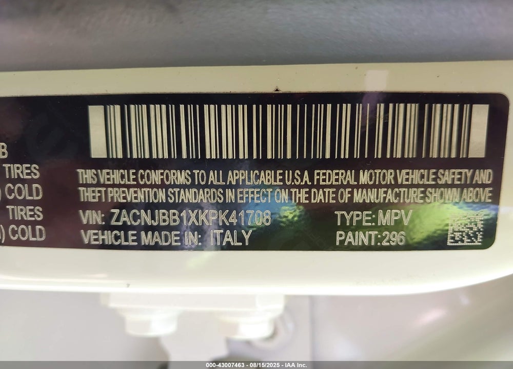 2019 JEEP RENEGADE VIN: ZACNJBB1XKPK41708