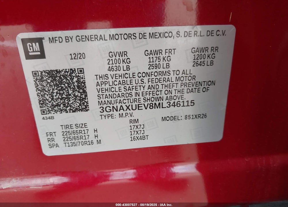 2021 CHEVROLET EQUINOX AWD LT VIN: 3GNAXUEV8ML346115