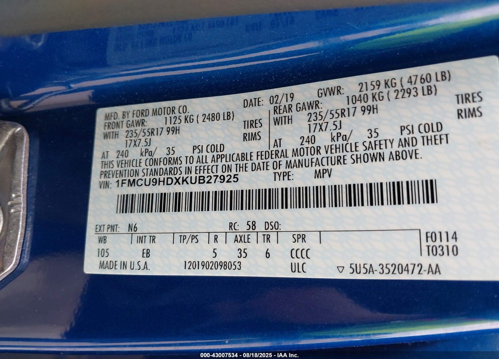 2019 FORD ESCAPE SEL VIN: 1FMCU9HDXKUB27925