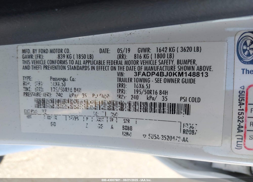 2019 FORD FIESTA VIN: 3FADP4BJ0KM148813