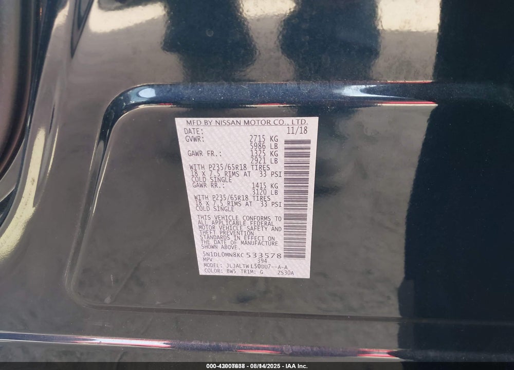 2019 INFINITI QX60 VIN: 5N1DL0MN8KC533578