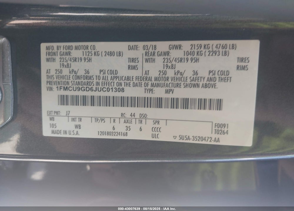 2018 FORD ESCAPE VIN: 1FMCU9GD6JUC01308