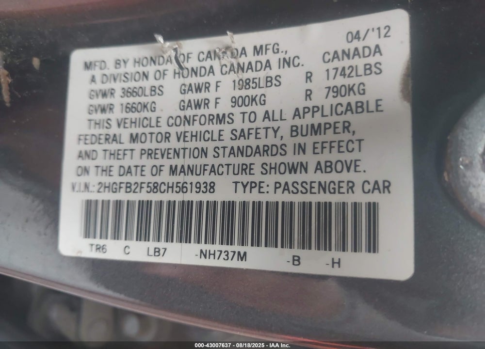 2012 HONDA CIVIC VIN: 2HGFB2F58CH561938
