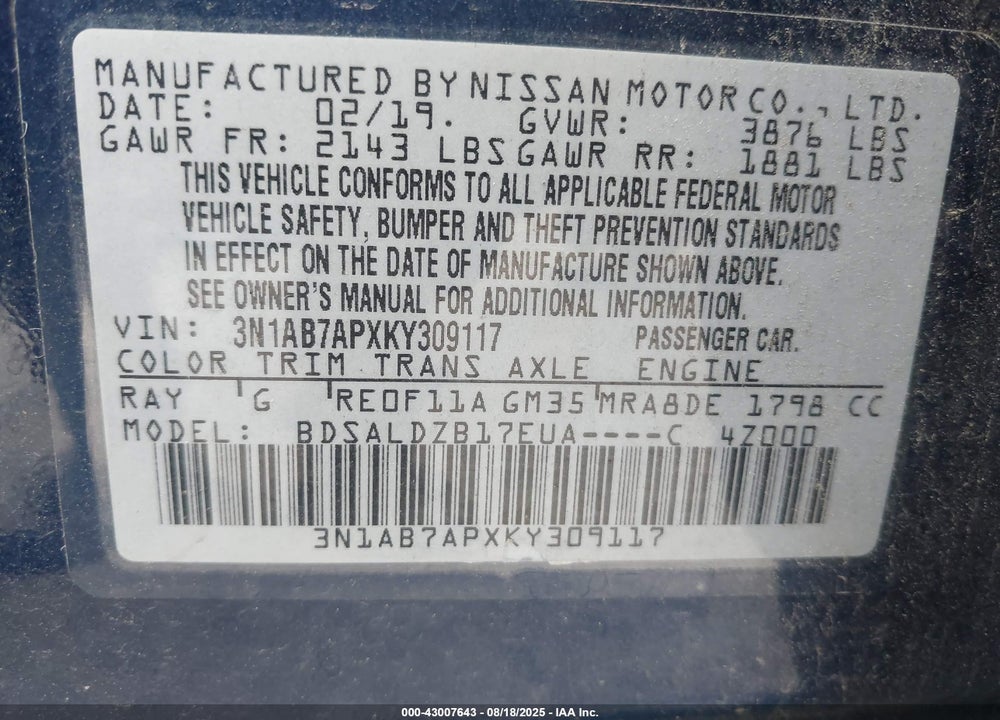 2019 NISSAN SENTRA VIN: 3N1AB7APXKY309117