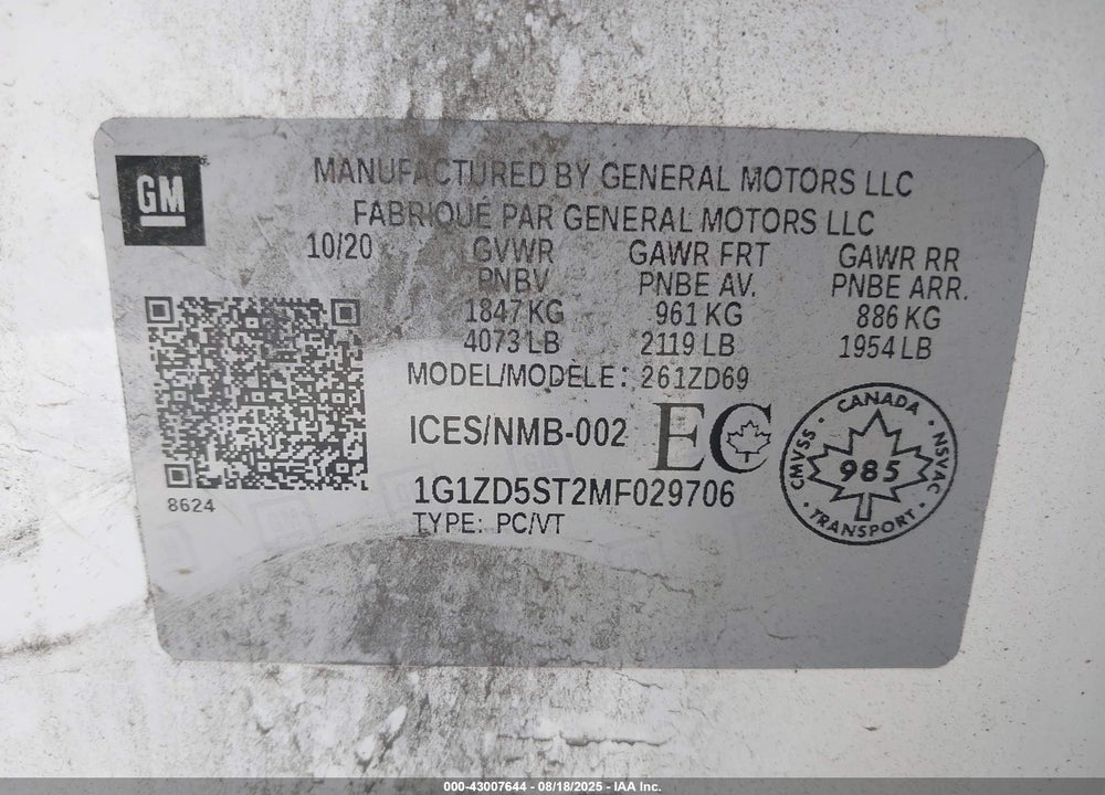 2021 CHEVROLET MALIBU VIN: 1G1ZD5ST2MF029706
