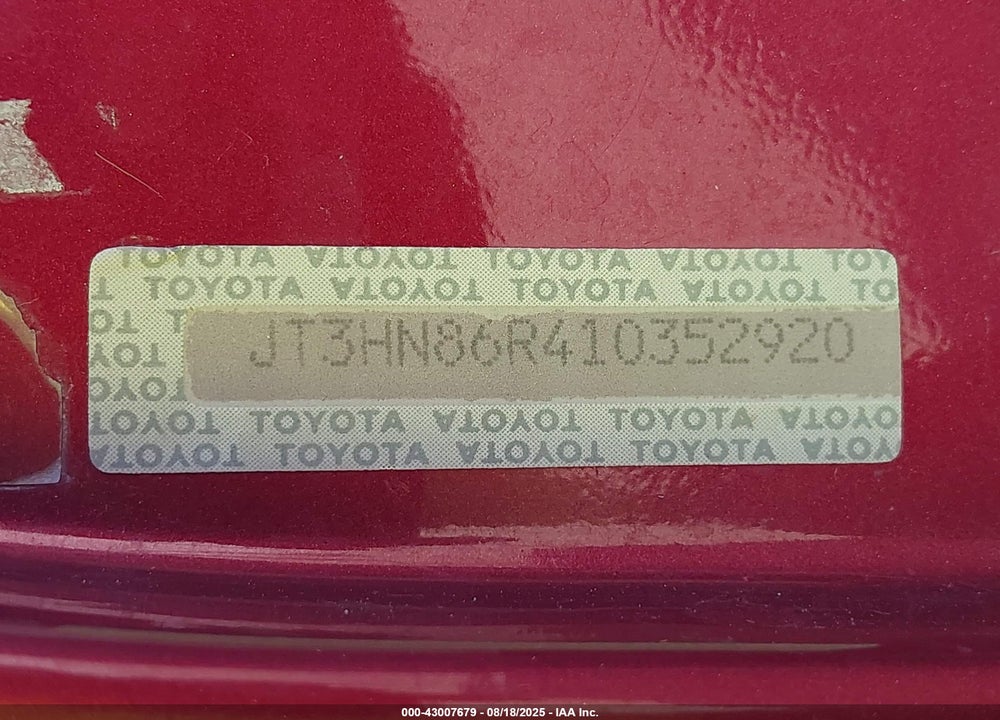 2001 TOYOTA 4RUNNER VIN: JT3HN86R410352920