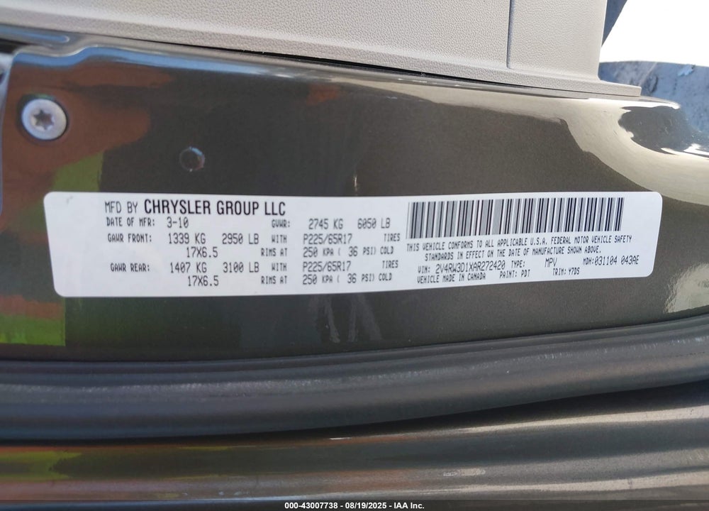 2010 VOLKSWAGEN ROUTAN SE VIN: 2V4RW3D1XAR272420