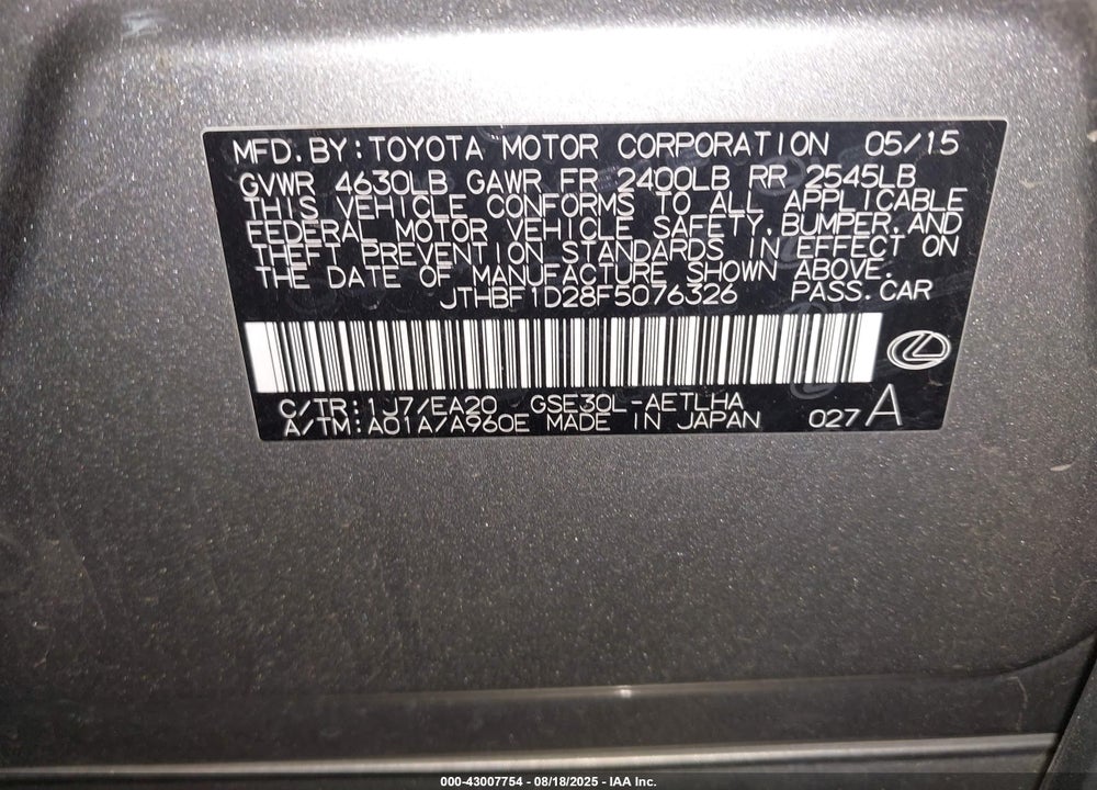 2015 LEXUS IS 250 VIN: JTHBF1D28F5076326