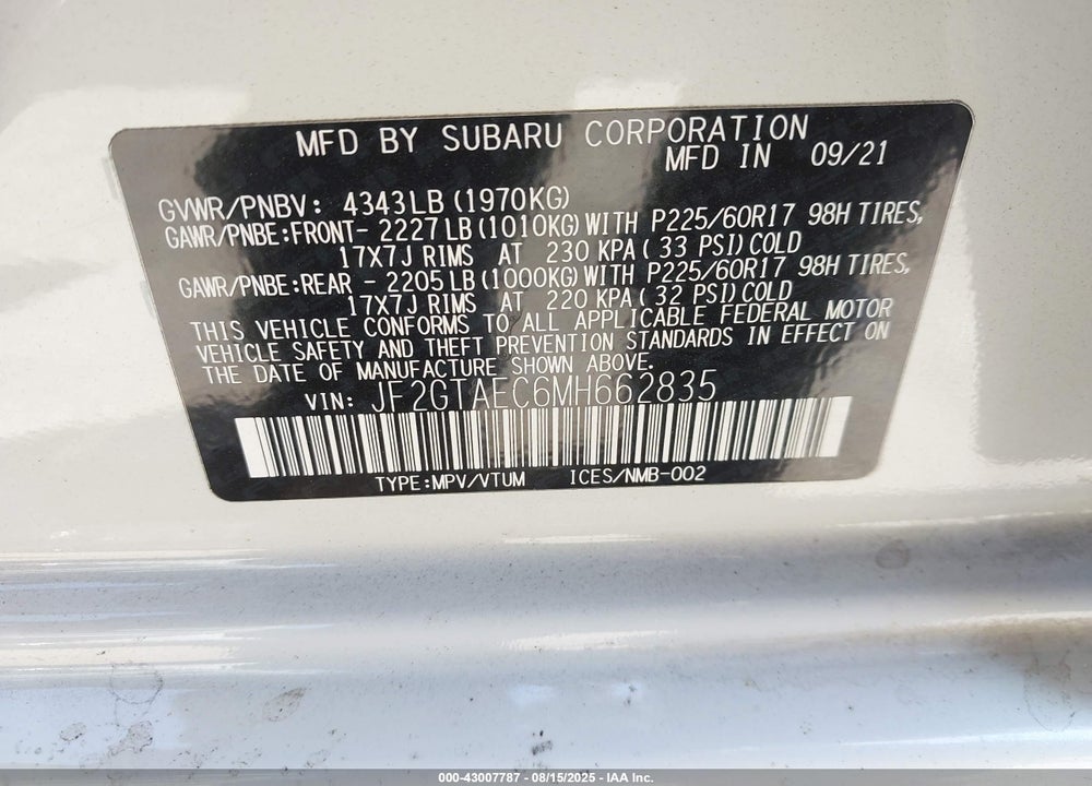2021 SUBARU CROSSTREK VIN: JF2GTAEC6MH662835