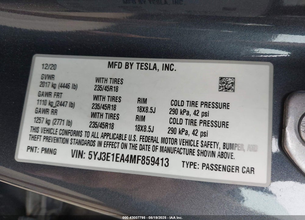 2021 TESLA MODEL 3 VIN: 5YJ3E1EA4MF859413